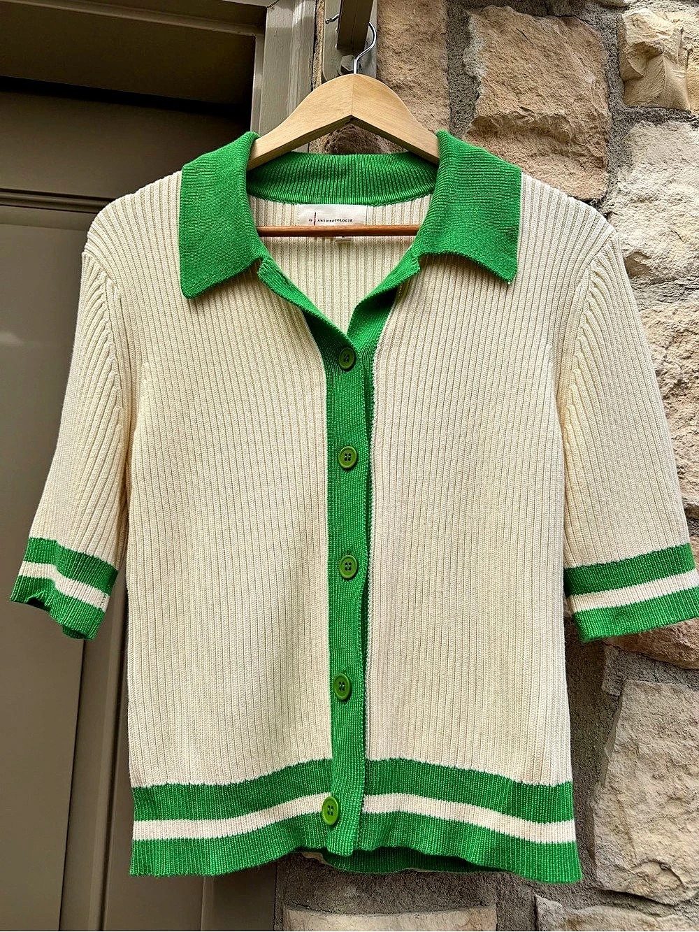 Anthropologie Color Block Polo Cardigan in Green & Cream Size Medium